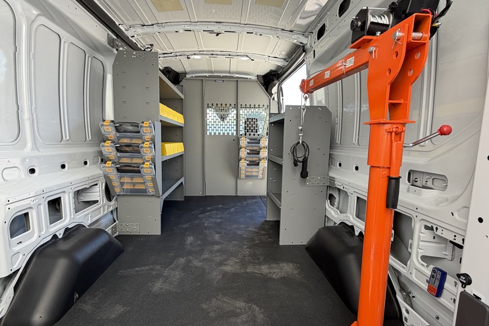 Atlas Butler plumbing van with mounted crane and shelving
